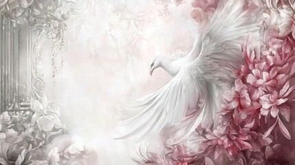 Majestic White Dove in Floral Garden Setting