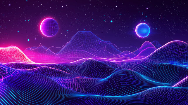 Neon Lit Landscape with Glowing Planets
