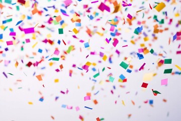 Colorful confetti falling, white background, celebration, festive, design