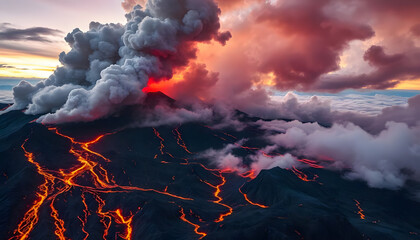 A massive volcanic eruption sends thick smoke and ash into the sky, as rivers of glowing lava carve through the dark landscape. The fiery glow contrasts with the dramatic clouds at sunset.