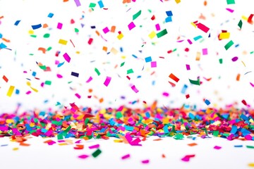 Colorful confetti falling, celebration, white background, party