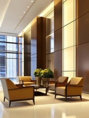 Modern office lobby with elegant seating, bright lighting, and large windows showcasing a cityscape