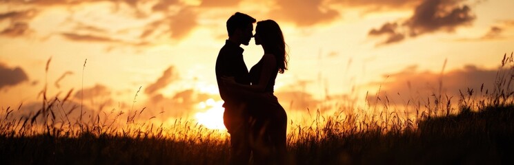 A romantic silhouette of a couple embracing at sunset in a field, capturing a beautiful moment of love and connection against a vibrant sky.
