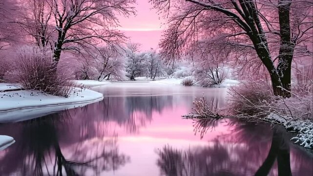 Pink winter sunrise reflected in a calm river, snow covered trees and banks.