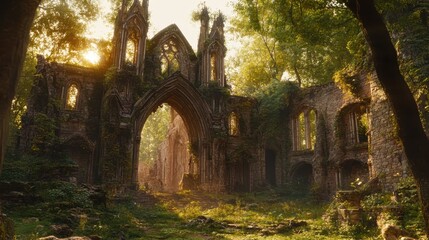 Naklejka premium Ancient Stone Ruins Overgrown by Lush Forest Vegetation