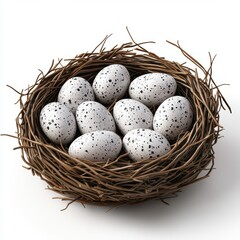 Obraz premium Birds nest filled with tiny speckled eggs, symbolizing new beginnings, isolated on white