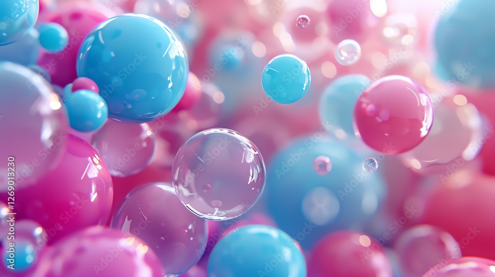 Poster 3d rendering. pink and blue glossy spheres of different sizes on a gradient background.