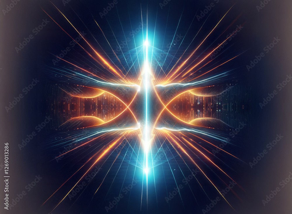 Aufkleber Abstract digital artwork featuring vibrant blue and orange glowing rays emanating from a central point, creating a symmetrical and dynamic design against a dark backdrop.