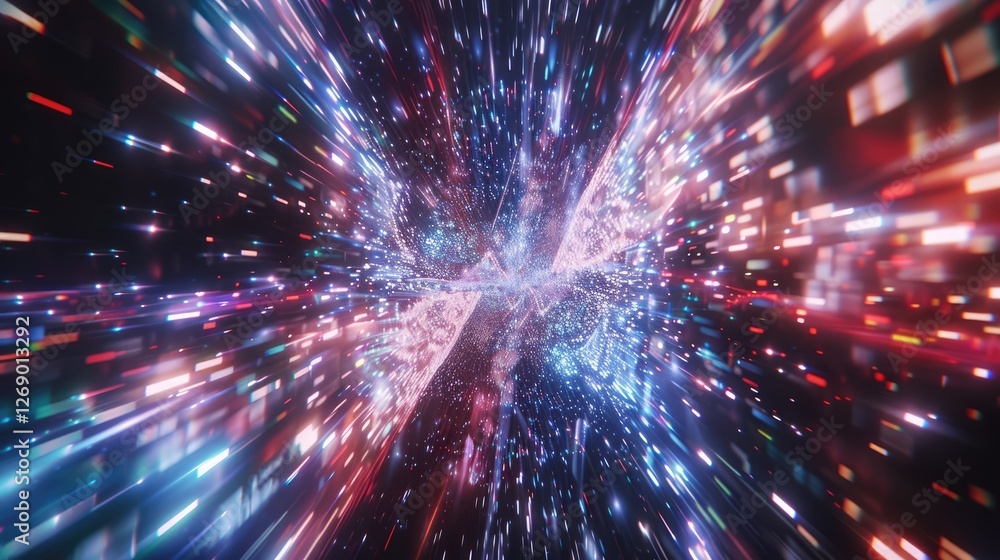 Poster experience a stunning digital fireworks display through a window perspective. vivid colors and dynam