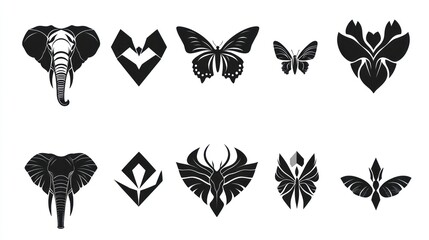 Elegant animal and floral silhouettes; design elements; white background; graphic design