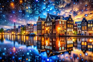 Fototapeta premium Macro Night Cityscape: Starry River Reflecting on House Windows
