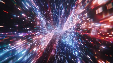 Fototapeta premium Experience a stunning digital fireworks display through a window perspective. Vivid colors and dynamic motion create an abstract vortex over Shanghai's skyline. Perfect for celebrations.