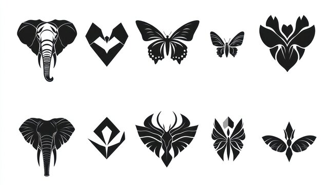 Elegant animal and floral silhouettes; design elements; white background; graphic design