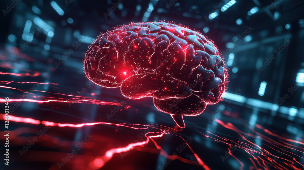 Poster digital brain with glowing red lines, representing advanced technology and neural networks