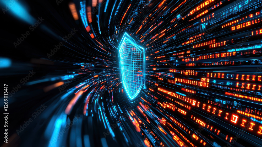 Poster abstract digital shield representing data protection and security, with vibrant blue and orange bina