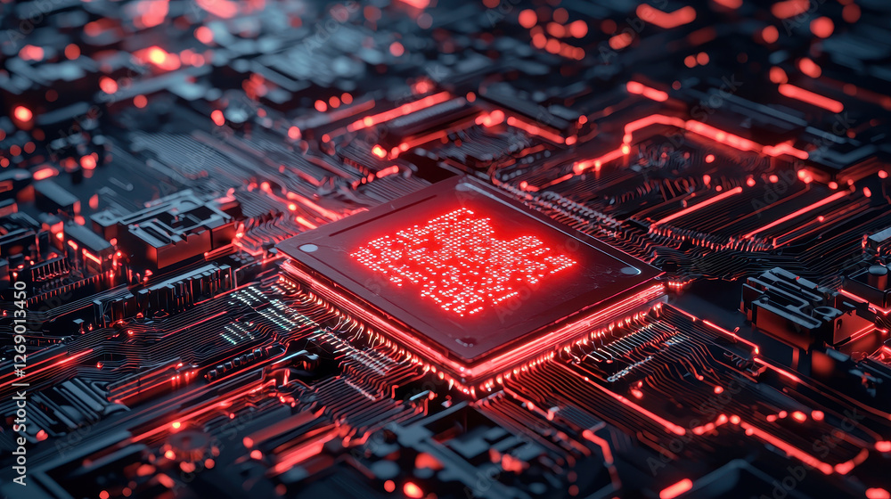 Poster close up view of circuit board with glowing red elements, symbolizing technology and cybersecurity