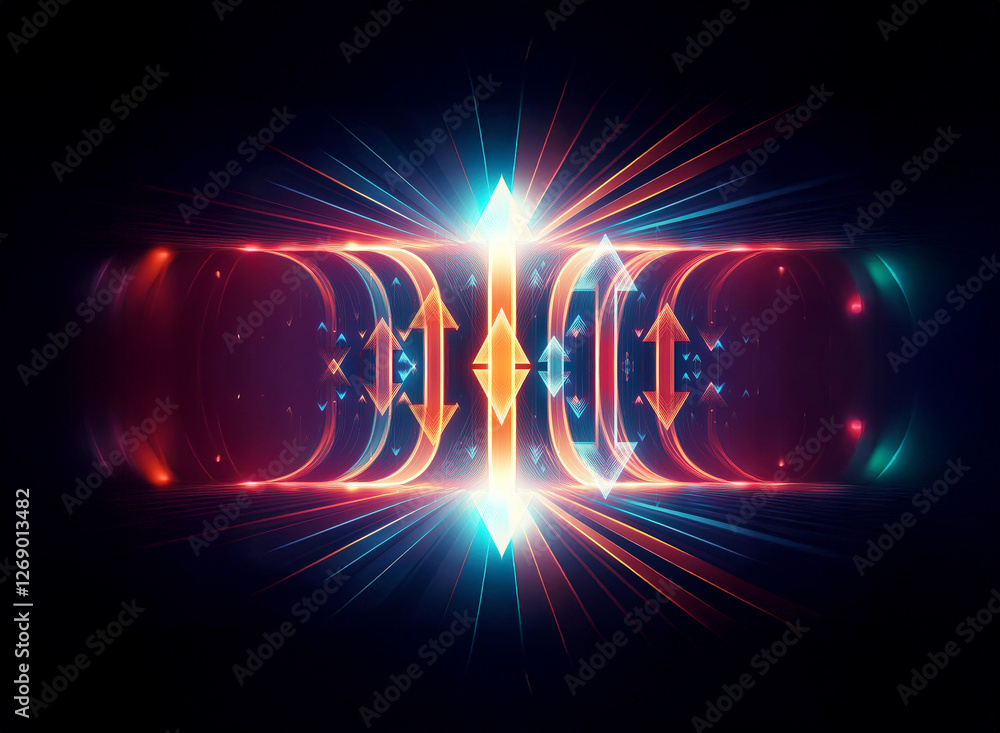 Fototapete abstract glowing shape with arrows showing flow direction, encircled by vibrant light streaks agains