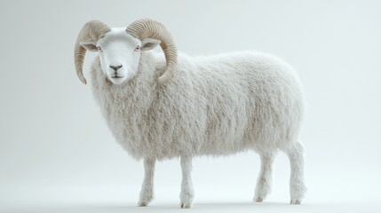 Fototapeta premium Fluffy ram, studio shot, white background, wool texture, animal product