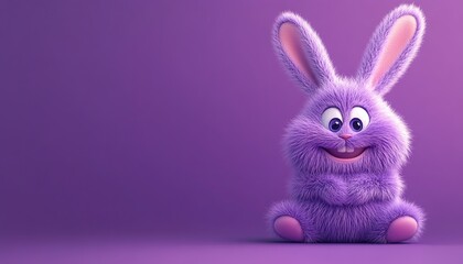 Obraz premium 3d Bunny Animation Cartoon Cute Smiling Fluffy Ears Purple Background Copy Space Happy Easter Greeting Card