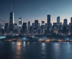 Obraz premium Darkened blue gradient with blurred cityscape, abstract composition, blurred architecture, nighttime atmosphere