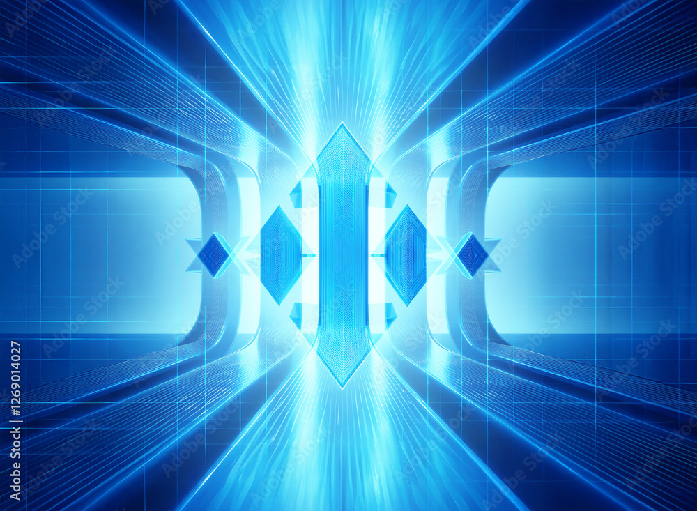 Leinwandbilder Bright blue abstract geometric design with converging lines creates a futuristic and technological feel. Symmetrical and visually striking composition.
