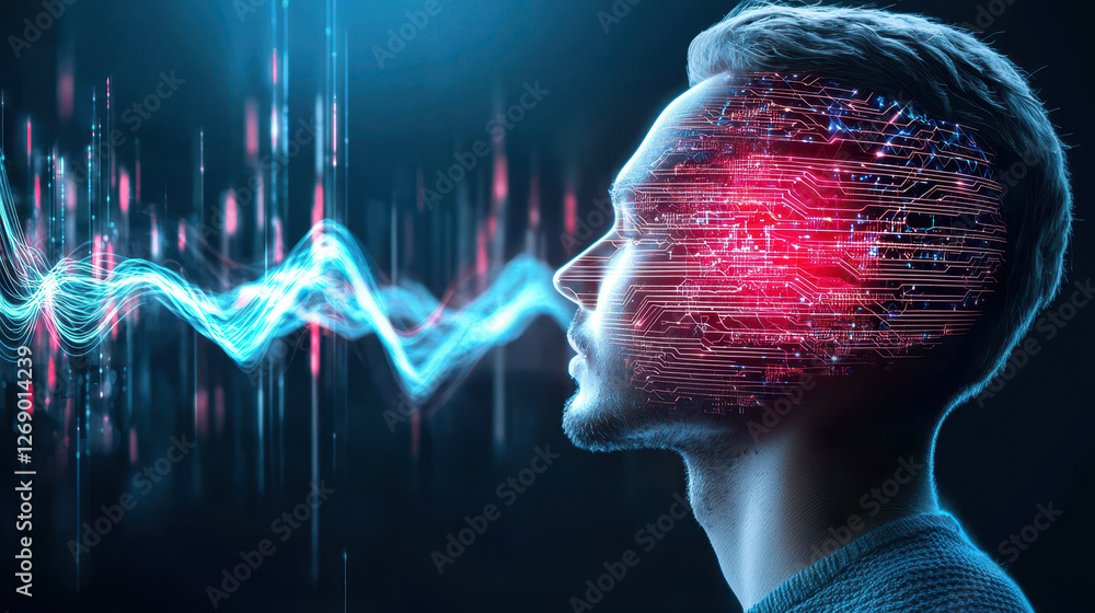 Poster image depicts profile of man with digital circuit pattern overlaying his head, symbolizing technolog