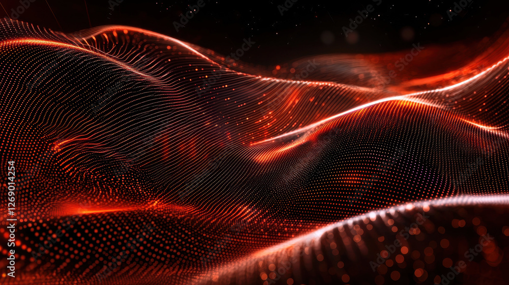 Poster dynamic red waves with glowing particles create mesmerizing visual effect