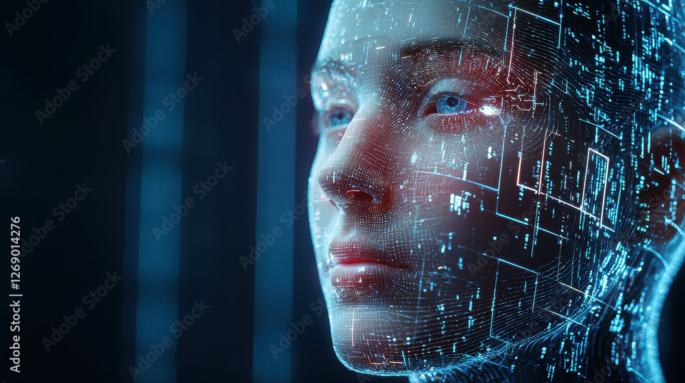 Poster futuristic digital face with glowing data patterns and biometric features