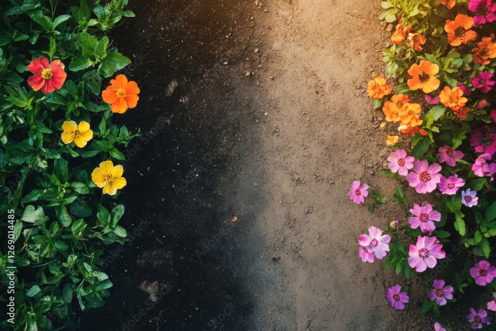 Aufkleber colorful flowers lining a garden path during bright daylight in a serene outdoor setting. generative