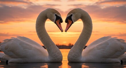 Fototapeta premium Romantic swan pair forming heart shape at sunset on tranquil lake