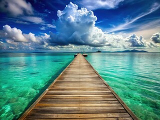 Fototapeta premium Serene Floating Pier: Calm Sea, Distant Islands, Cloudy Sky Stock Photo