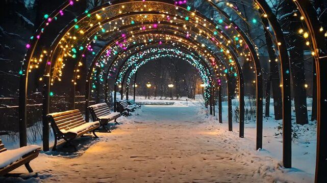 Snowfall in a park with illuminated arches and benches.