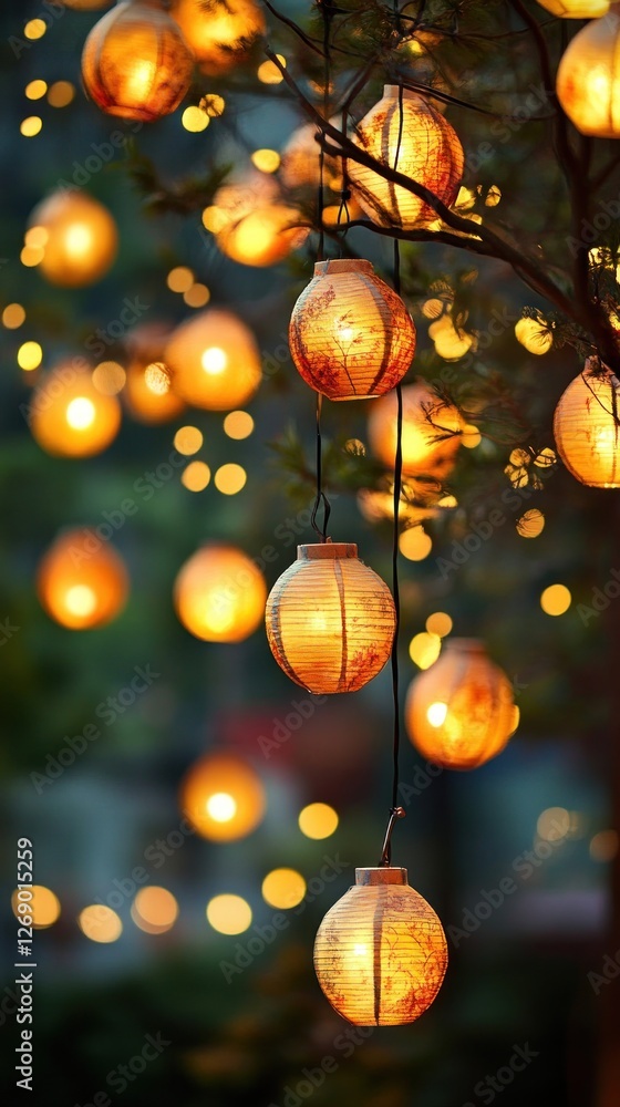 Poster a serene display of hanging lanterns glowing softly amidst a blurred background of lights.