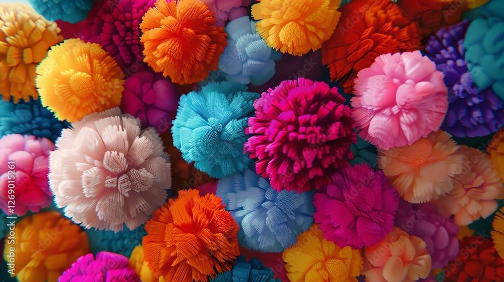 Poster colorful 3d rendering of fluffy flowers. a variety of colors and shapes creates a sense of depth and