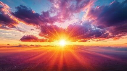 Fototapeta premium Dramatic Sunset Sky, Radiant Sunbeams, Aerial View