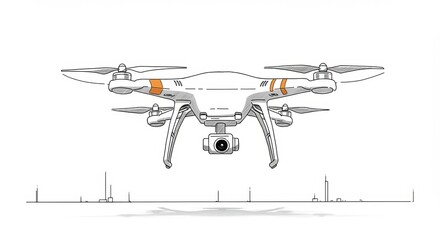 Futuristic drone with camera hovering above cityscape for aerial photography