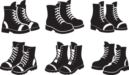 set of combat boot silhouette, black and white silhouette, vector and illustration