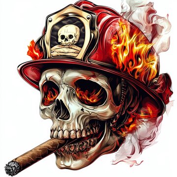 Unique artwork of a skull wearing a firefighter helmet with flames