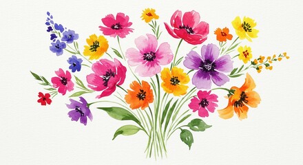 Vibrant watercolor flower bouquet on white background