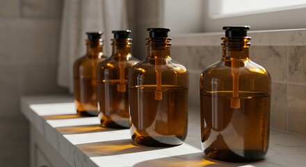 Amber glass bottles in sunlit bathroom for minimalist and eco-friendly home decor