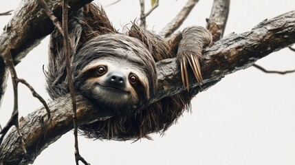 Obraz premium Sloth hanging in tree, rainforest background, wildlife photography, nature documentary