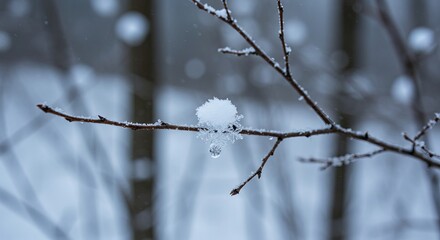 Delicate snowflakes resting on bare winter branches in a serene forest