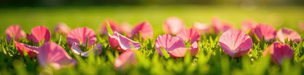 Naklejka premium delicate pink rose petals scattered on a grassy lawn under warm sunlight, floral, rose, wildflower
