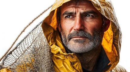 Close-up of fisherman in yellow hood with fishing net isolated on white background, weathered sailor in protective raincoat, serious maritime worker portrait, professional seafarer with equipment