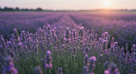 Fototapeta premium Lavender fields at sunrise: serene beauty and tranquility in bloom