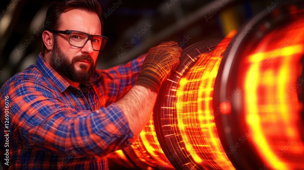 Poster skilled worker adjusting machinery in a factory setting with glowing elements, showcasing profession