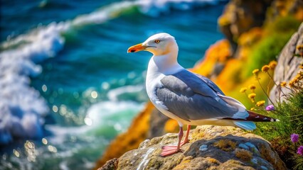 Obraz premium Macro Photography: Seagull Perched on Rugged Cliffside Rock