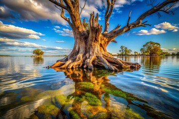 Naklejka premium Macro Photography: Sunken Dead Tree in Lake Mulwala, Australia - Detailed Texture and Decay