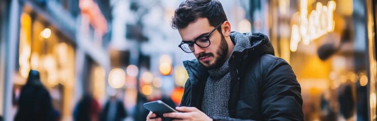 A young man stands on a bustling urban street, engrossed in his smartphone. The evening setting highlights modern lifestyle elements, showcasing technology and urban culture.