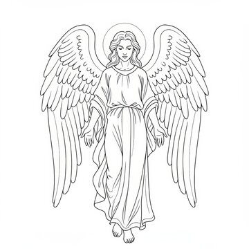 recommend clip art: Line art angel with detailed wings and halo illustration for coloring